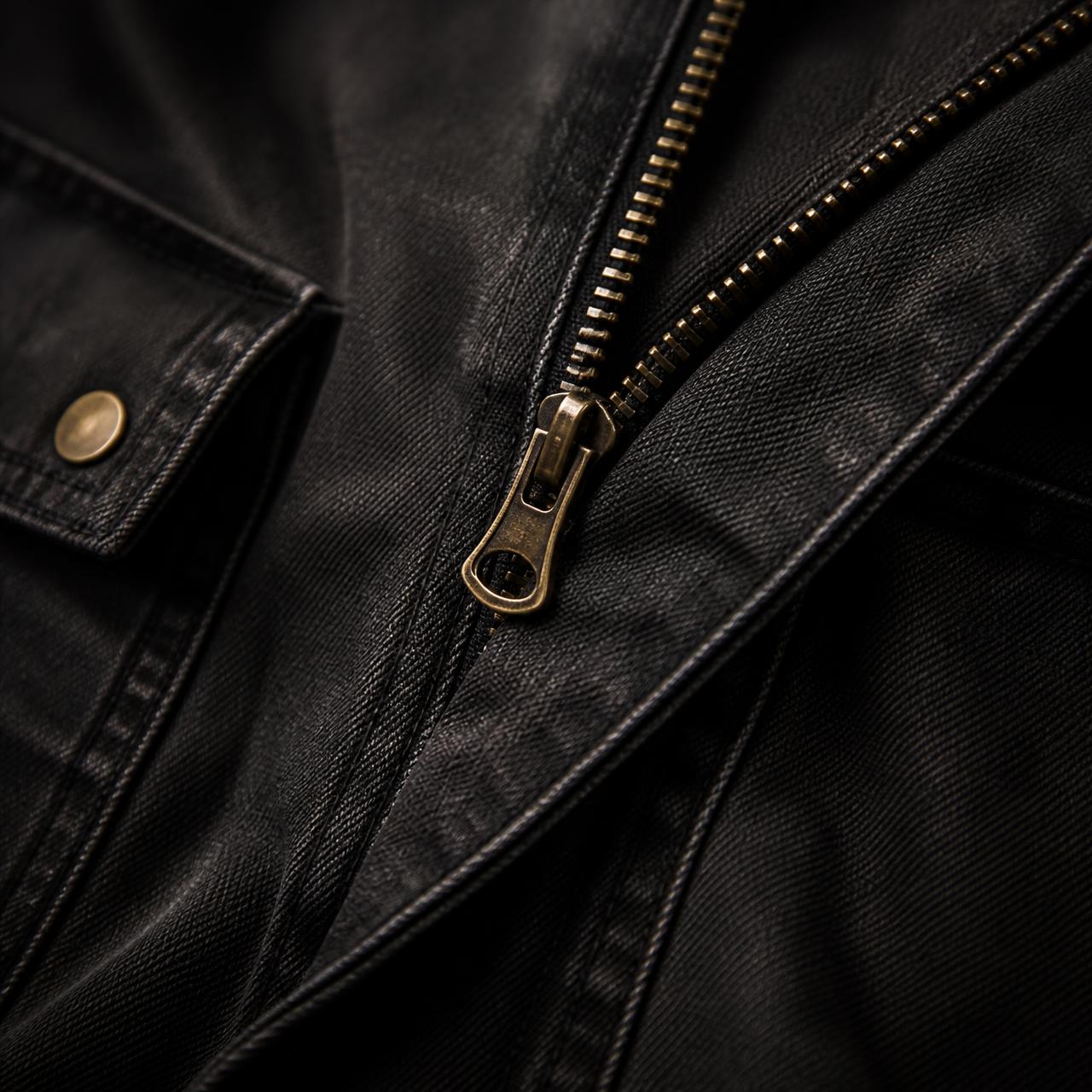 Close detail of heavyweight garment-washed cotton and brass hardware