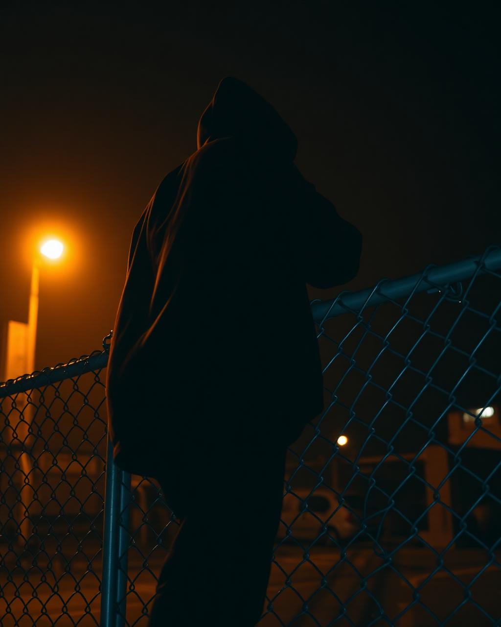 Figure in an oversized hoodie climbing a chain link fence at night