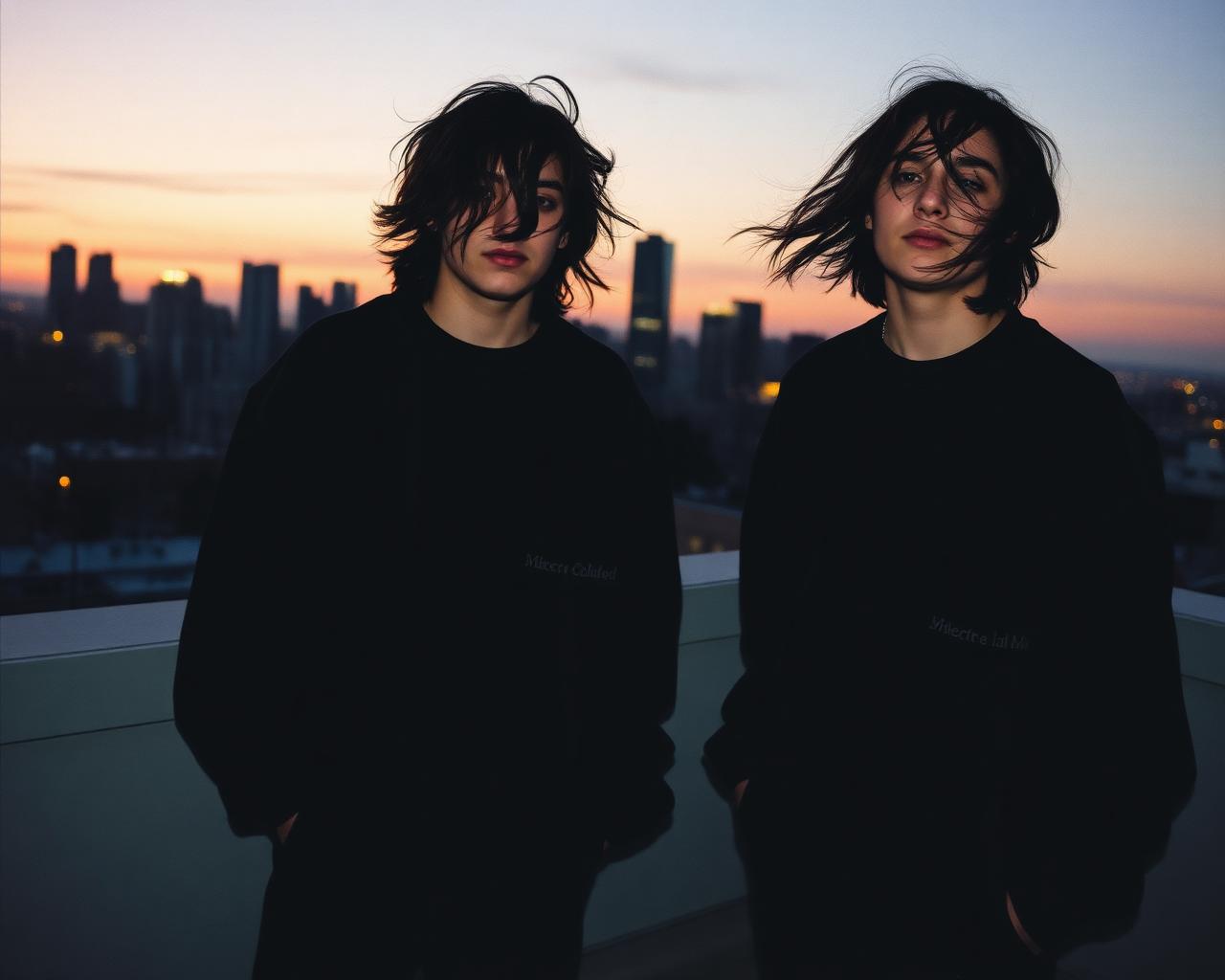 Two friends on a rooftop at dusk in REZELION sweatshirts