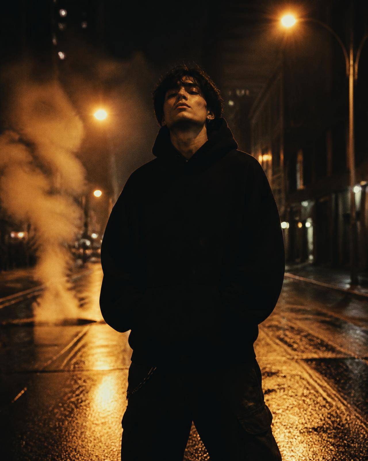 REZELION hoodie worn on a wet city street at night
